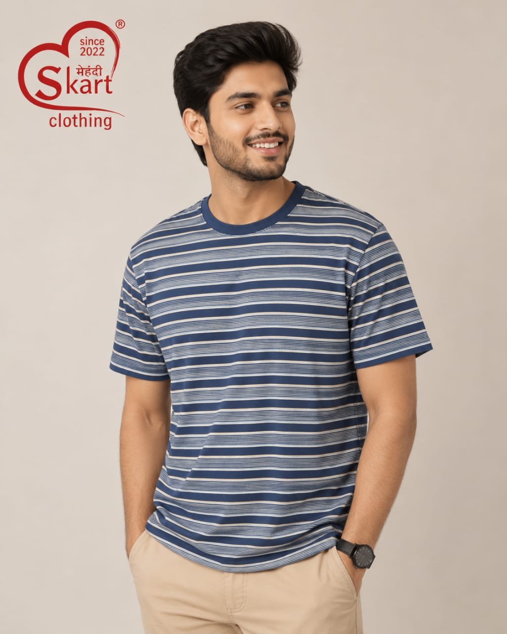 Navy Blue & White Striped Round Neck T-Shirt for Men - View 2