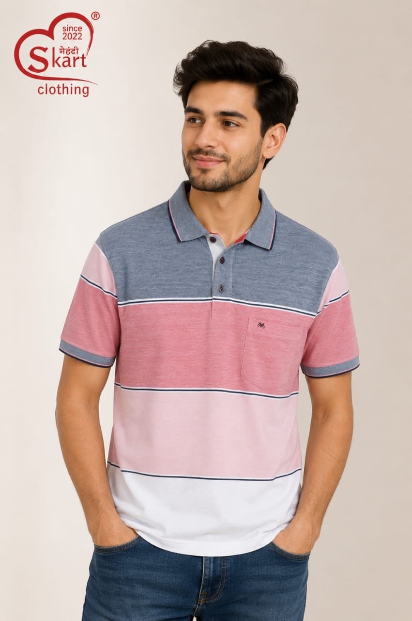 Pink & Grey Color Block Polo T-Shirt for Men - View 2