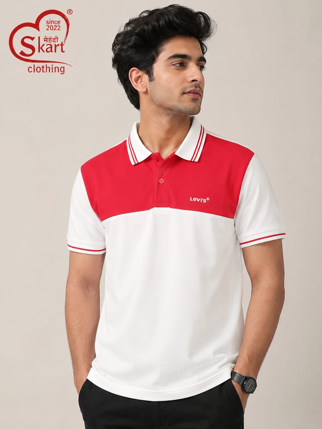 Red & White Color Block Polo T-Shirt for Men - View 2