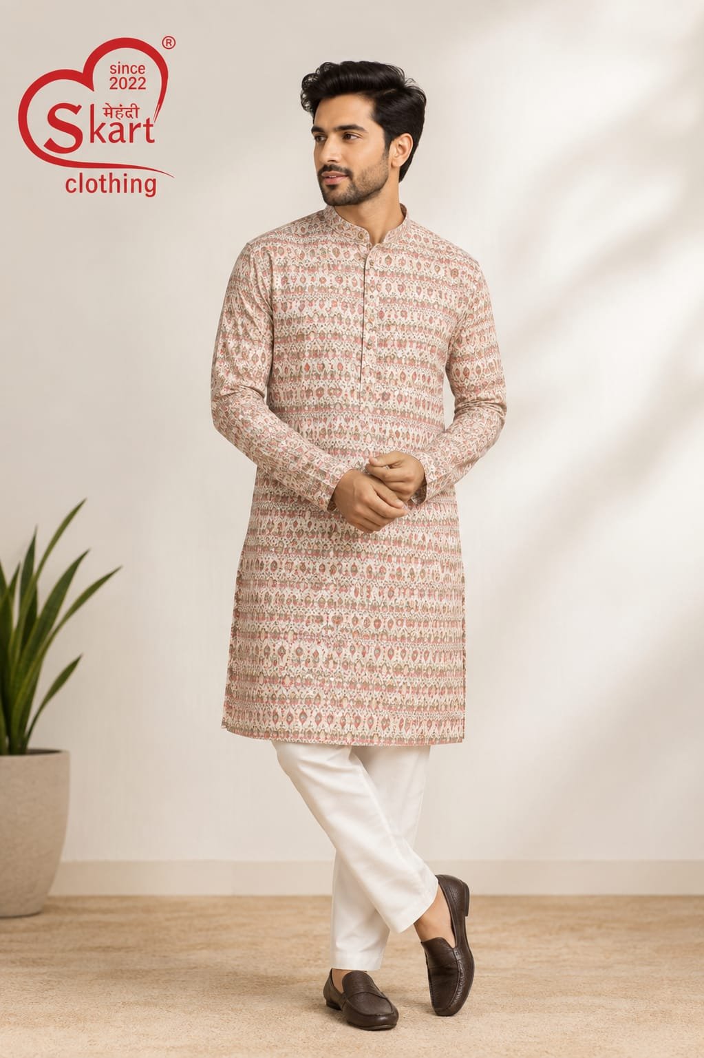 Men's Printed Straight Kurta – Beige & Peach - View 2