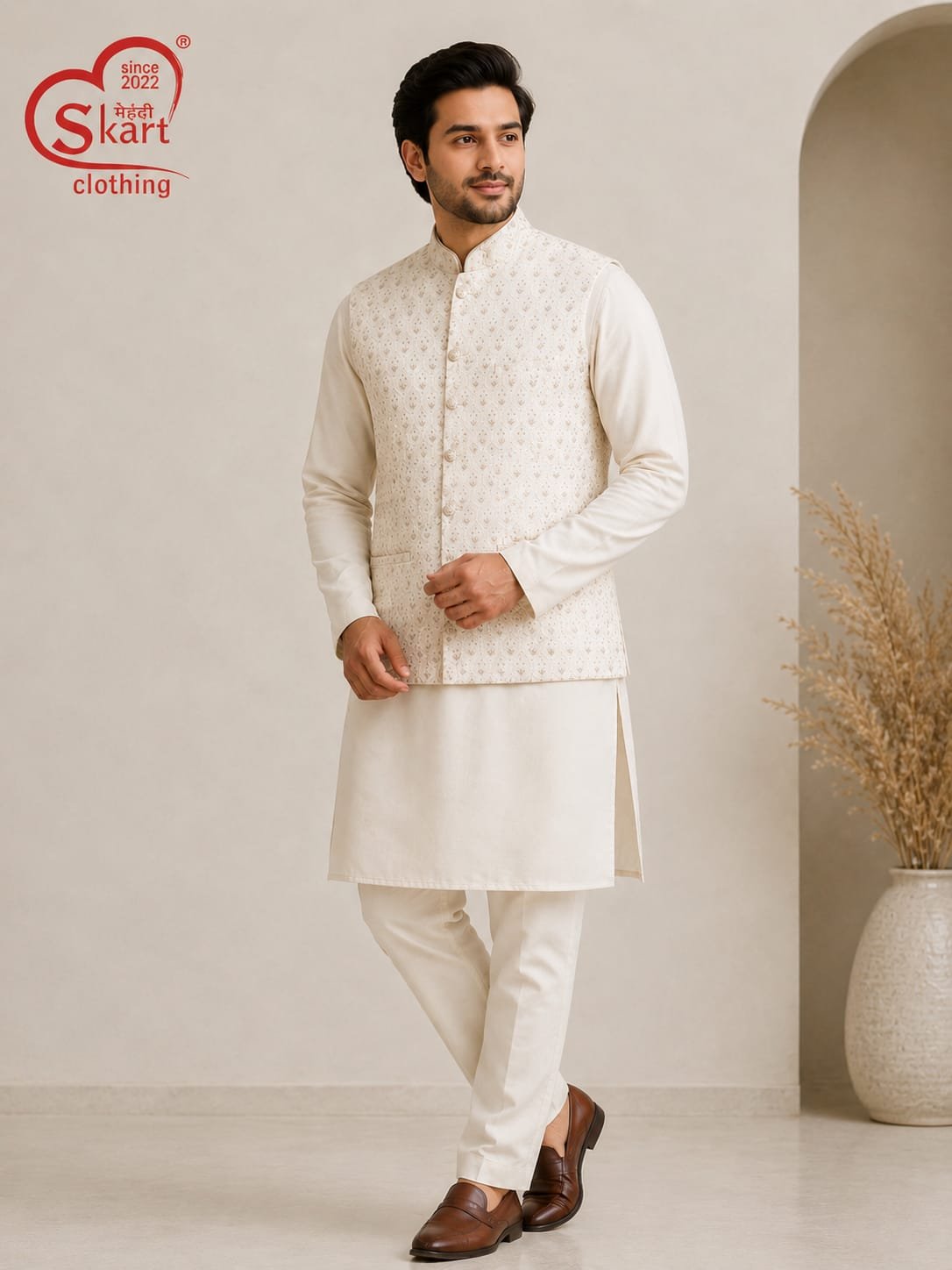 Men's Cream Embroidered Nehru Jacket with Kurta Pajama Set - View 2