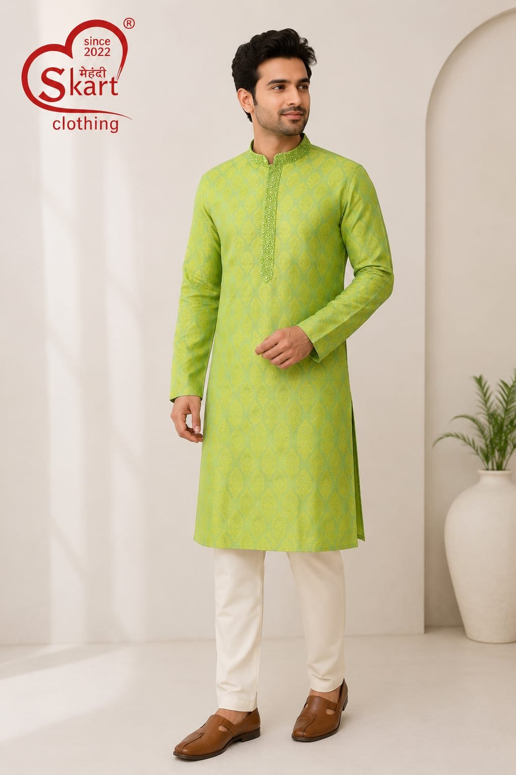 Men's Lime Green Printed Kurta – Stylish Full Sleeve Ethnic Wear - View 2