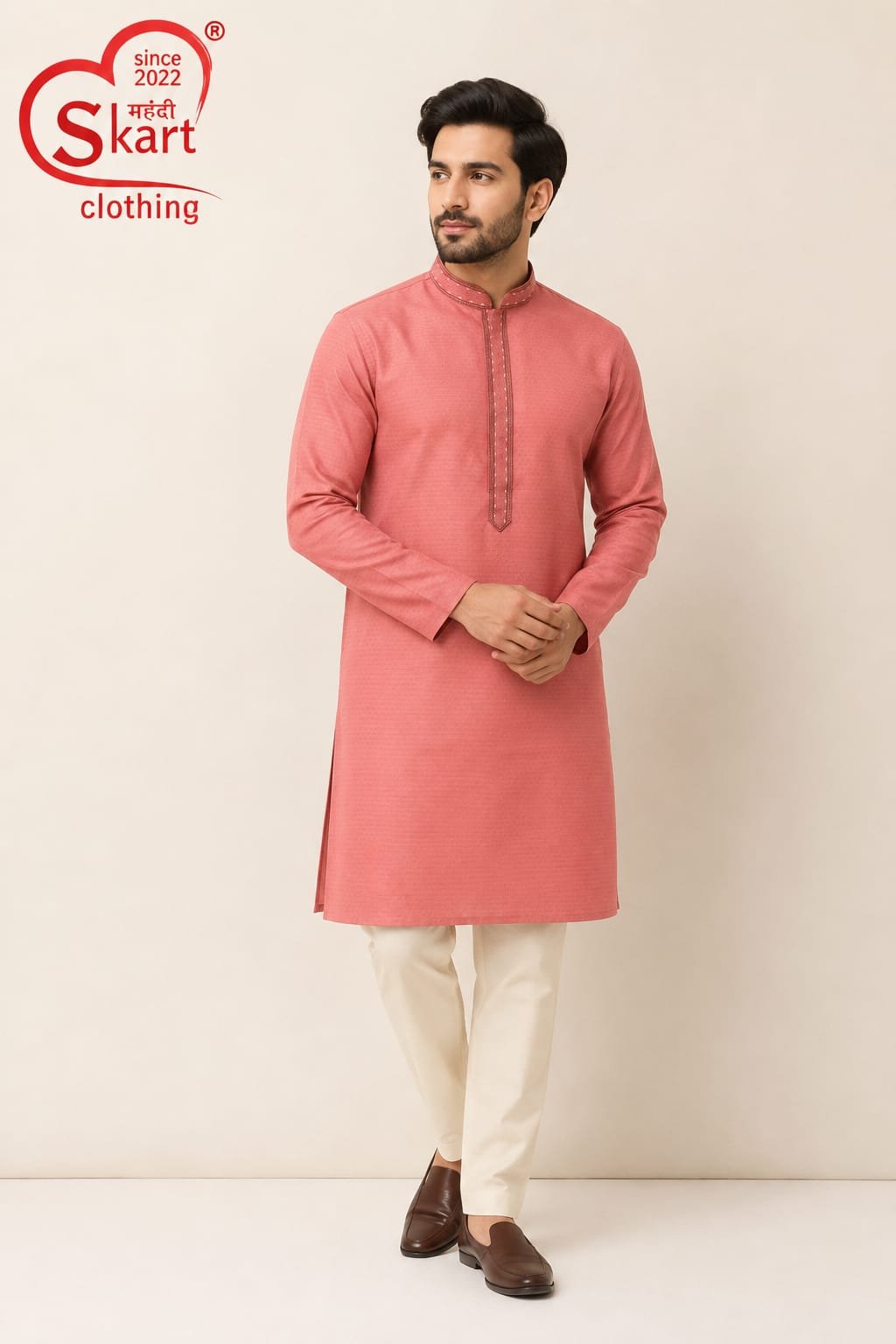 Men's Peach Pink Kurta – Elegant Full Sleeve Festive Wear - View 2