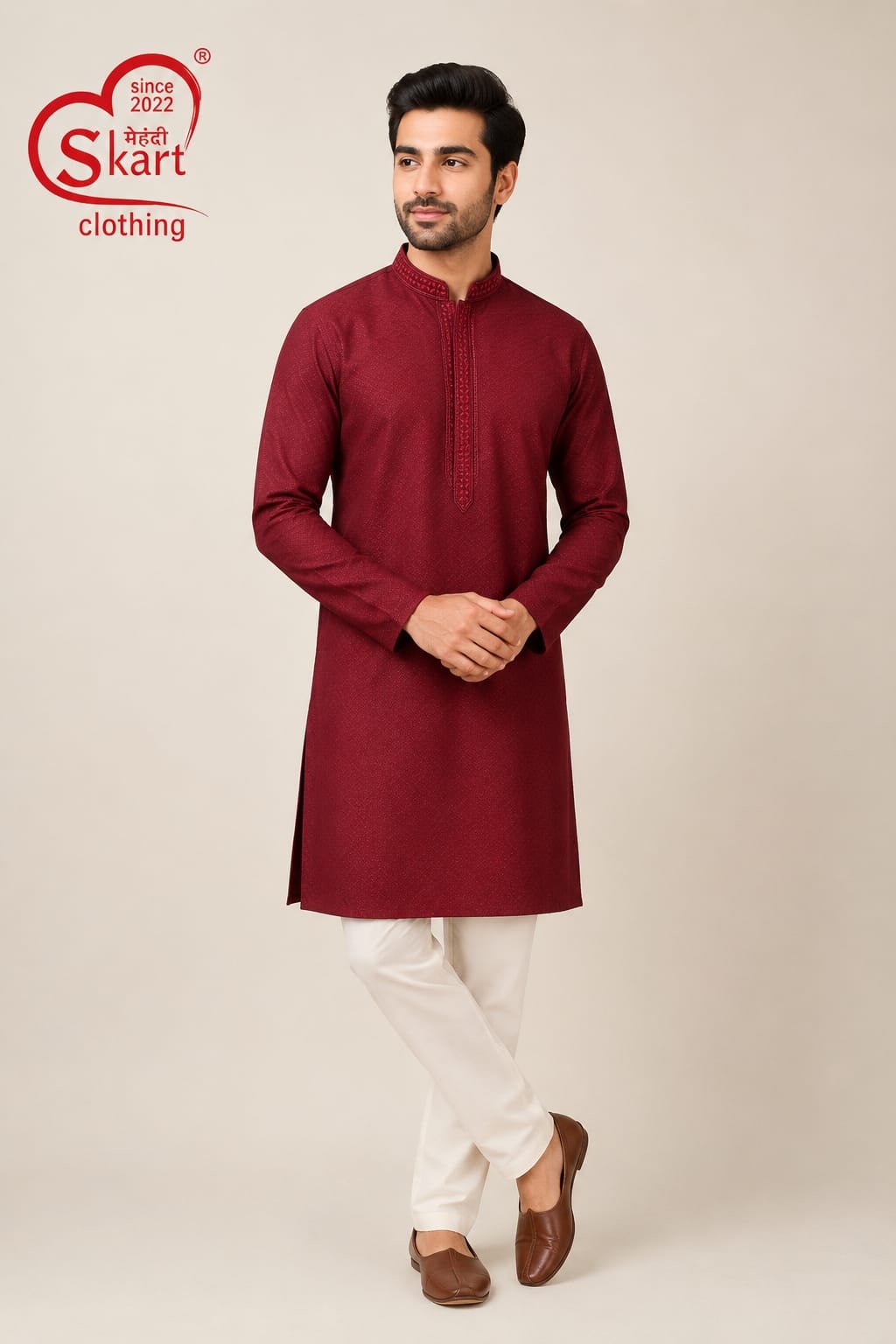 Men’s Maroon Embroidered Kurta – Elegant Full Sleeve Ethnic Wear - View 2
