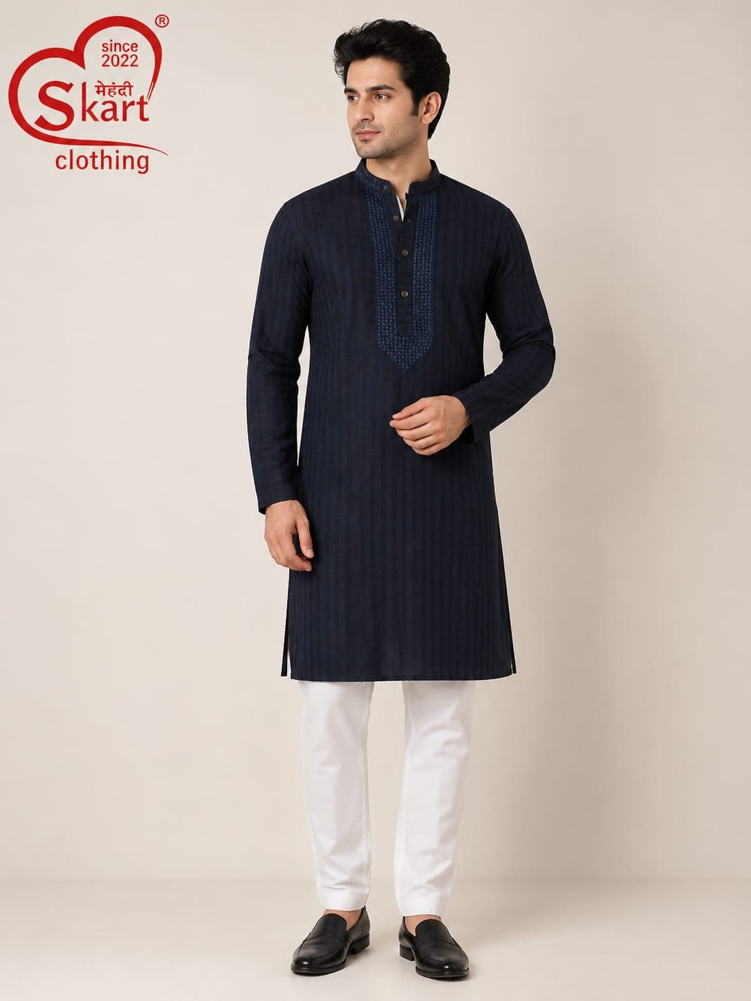 Men’s Black Striped Embroidered Kurta – Stylish Full Sleeve Ethnic Wear - View 2