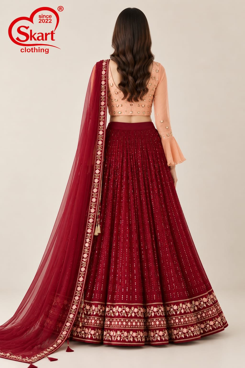 Women's Maroon Embroidered Crop Top Lehenga Set with Designer Dupatta – Premium Festive & Wedding Wear - View 2
