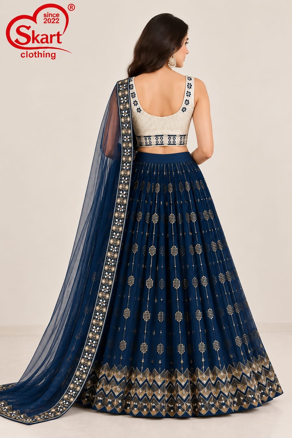 Women's Navy Blue Embroidered Crop Top Lehenga Set with Designer Dupatta – Premium Festive & Wedding Wear - View 2