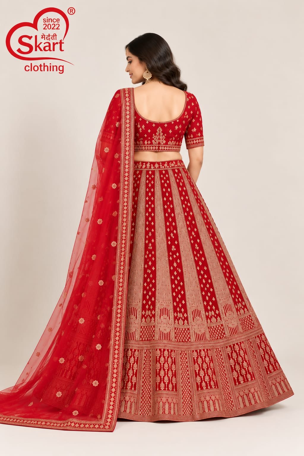 Red Embroidered Lehenga Choli with Sheer Dupatta - View 2