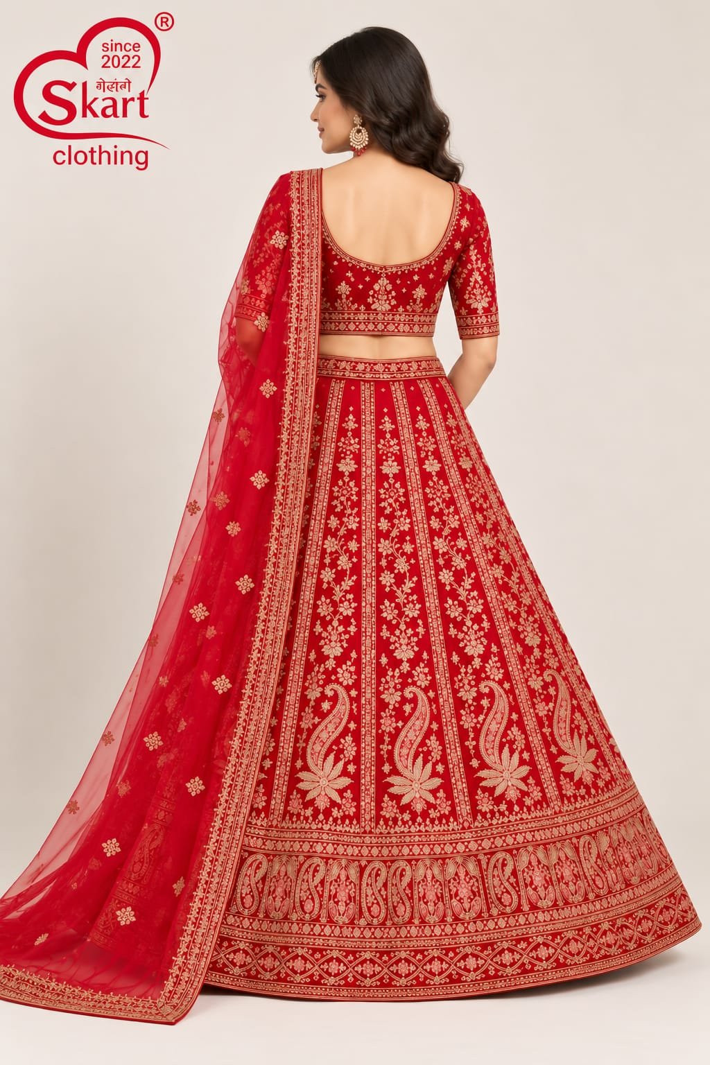 Red Bridal Embroidered Lehenga Choli with Dupatta - View 2