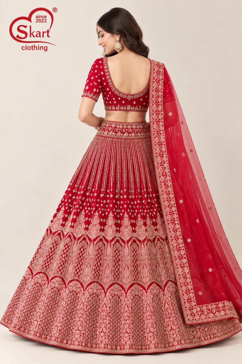 Red Embroidered Lehenga Choli with Matching Dupatta - View 2