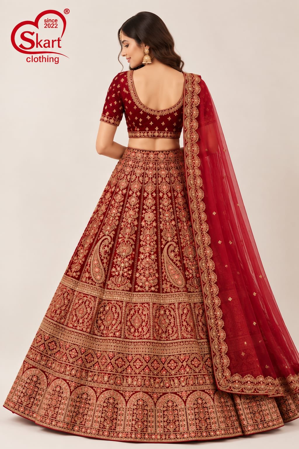 Maroon Bridal Embroidered Lehenga Choli with Dupatta - View 2