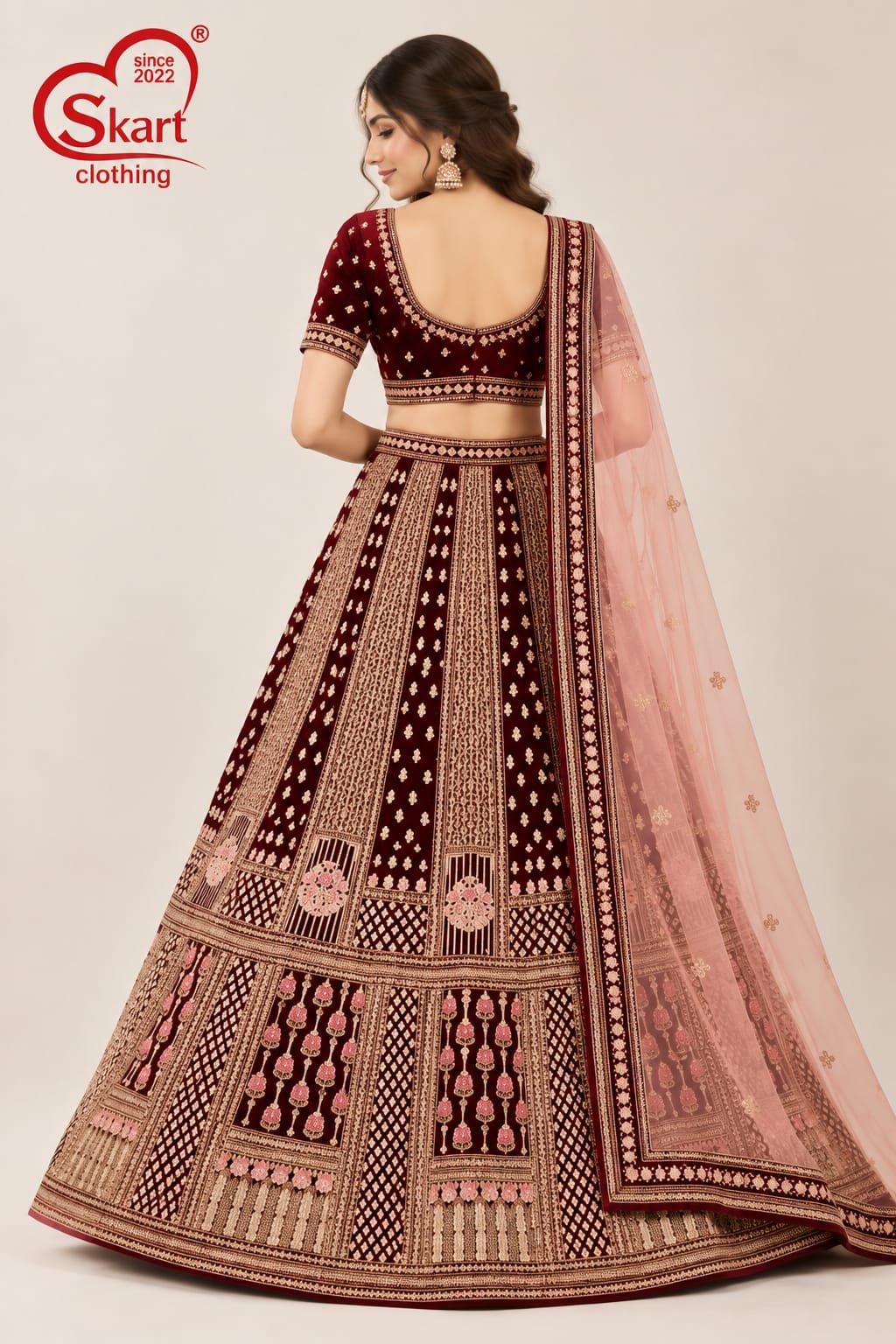 Maroon Embroidered Lehenga Choli with Blush Pink Dupatta - View 2
