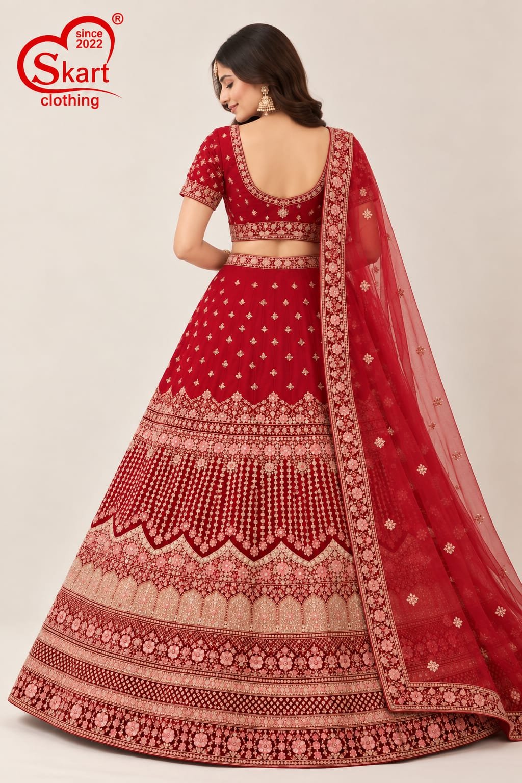 Red Designer Lehenga Choli with Intricate Embroidery & Dupatta - View 2