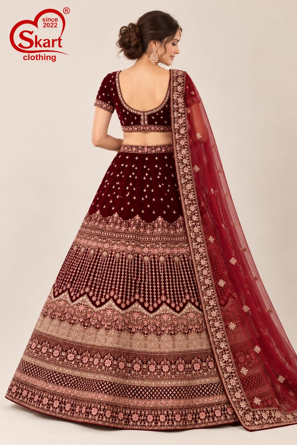 Wine Maroon Embroidered Designer Lehenga Choli with Dupatta - View 2