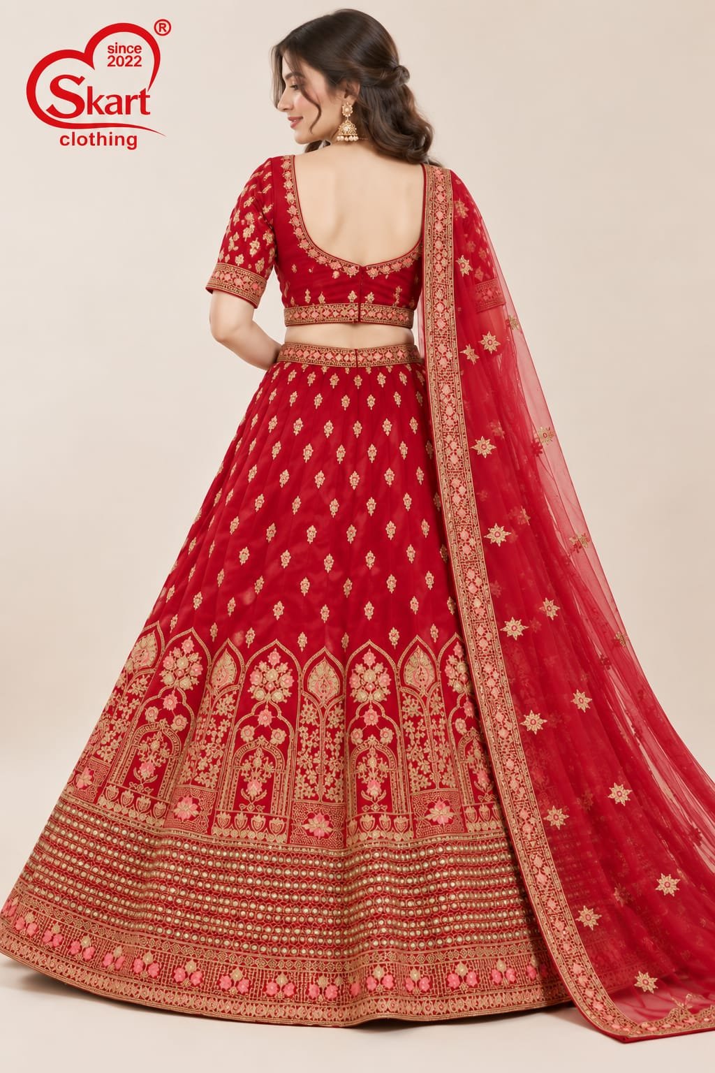 Red Zari Embroidered Designer Lehenga Choli with Dupatta - View 2
