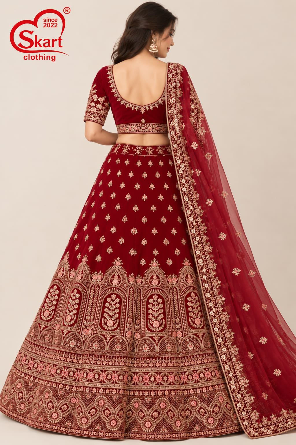 Maroon Embroidered Bridal Lehenga Choli with Dupatta - View 2