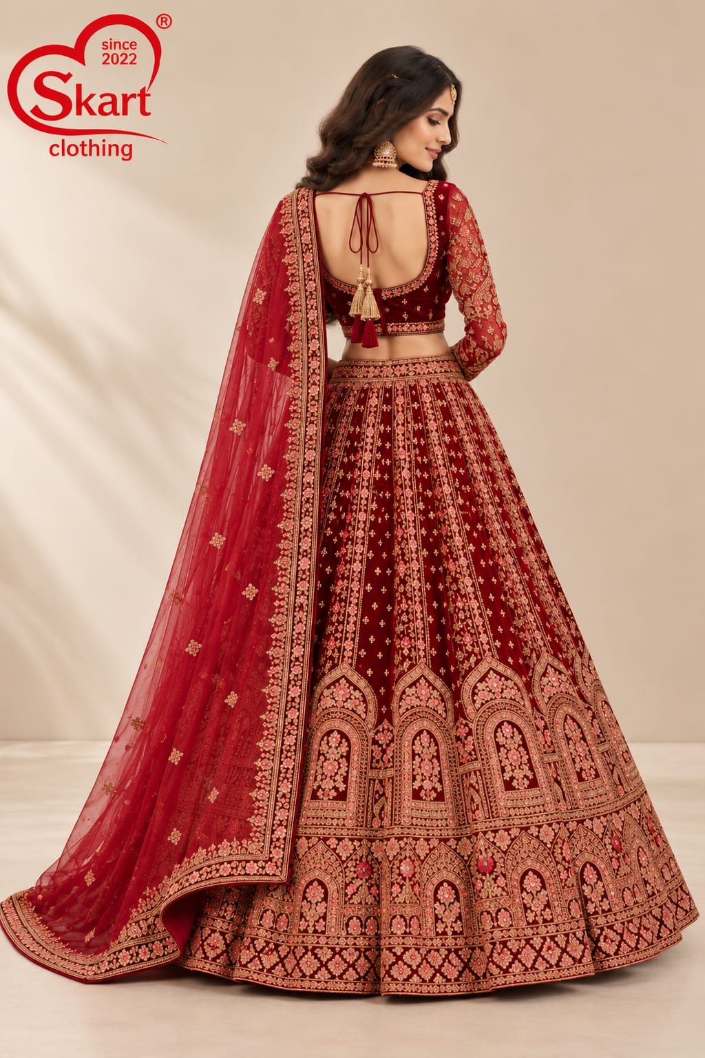 Wine Red Designer Lehenga Choli with Embroidered Dupatta - View 2