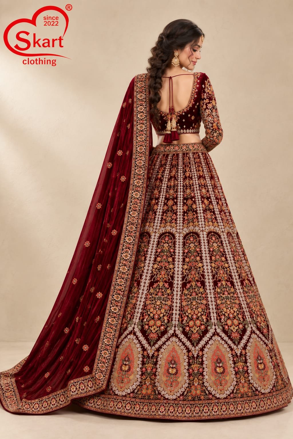 Maroon Printed Anarkali Lehenga Set with Dupatta - View 2