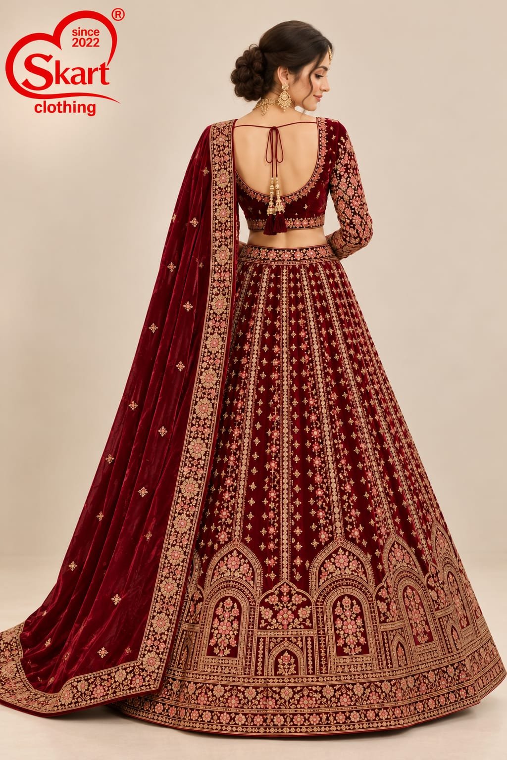 Royal Wine Velvet Bridal Lehenga with Antique Gold Embroidery - View 2
