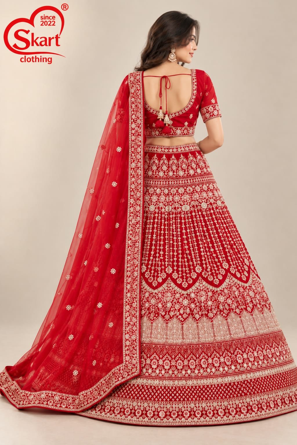 Classic Red Bridal Lehenga with Intricate Ivory Embroidery - View 2