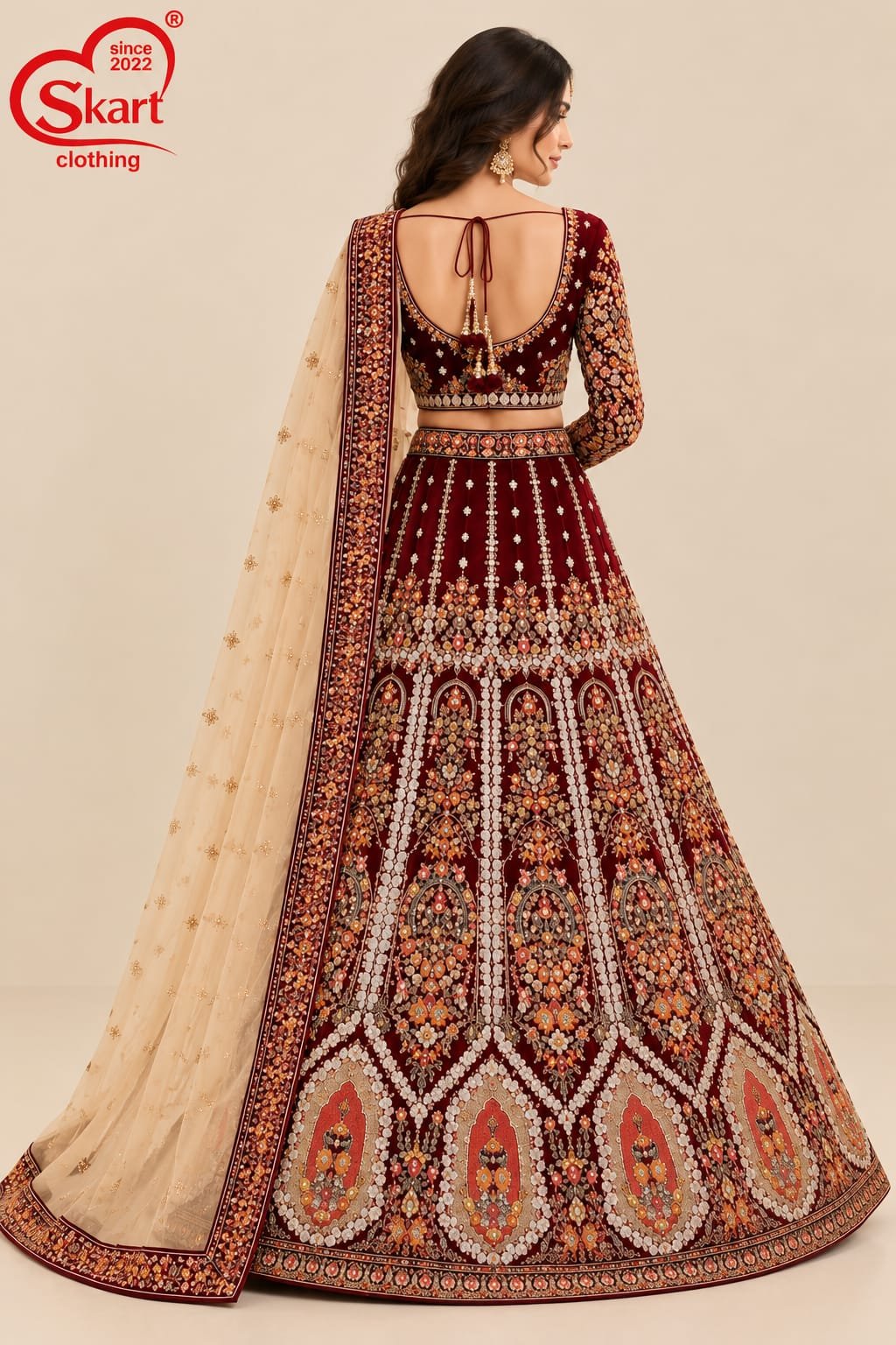 Royal Maroon Zardozi Embroidered Bridal Lehenga with Ivory Dupatta - View 2