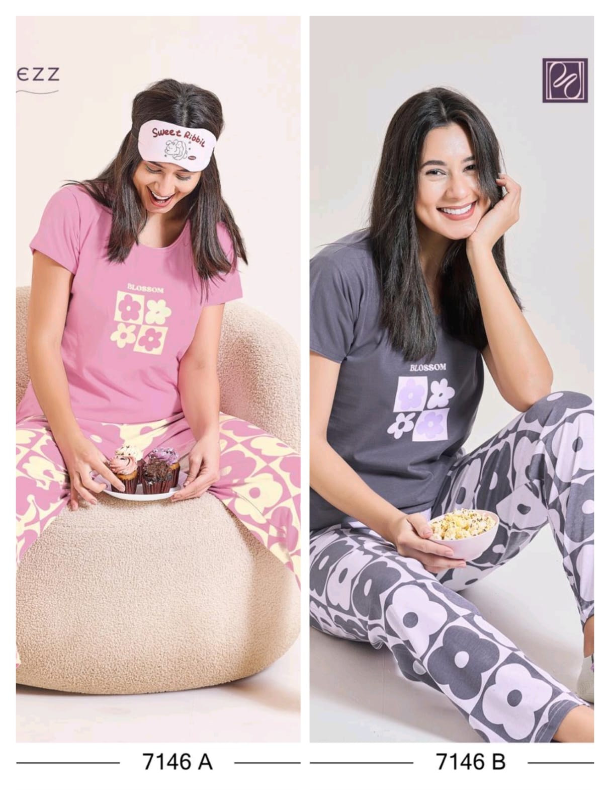 Women's Cotton Printed Night Suit Set | Half Sleeve T-Shirt & Printed Pajama | Soft Sleepwear (Pink/Grey)