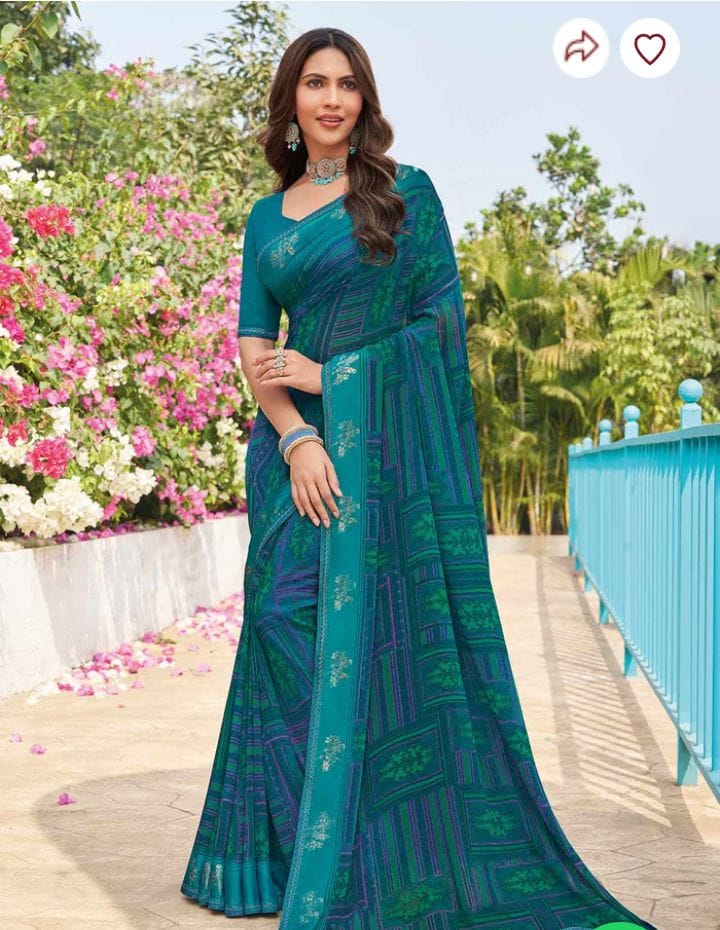 Premium Printed Chiffon Saree with Matching Blouse | Emerald Green Casual & Party Wear Saree