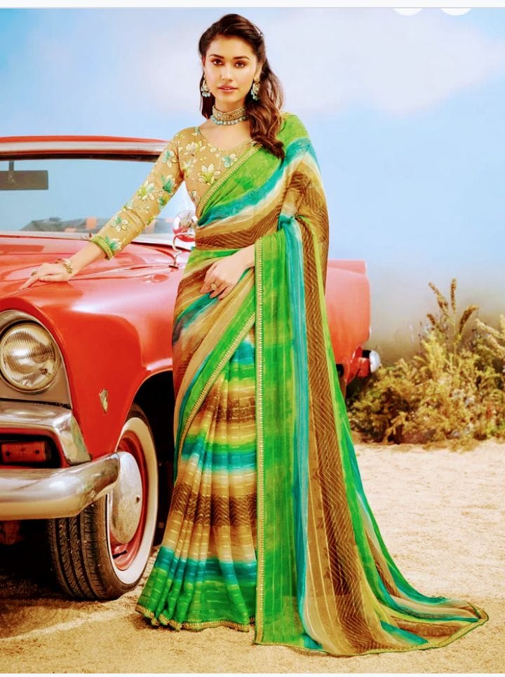 Premium Printed Chiffon Saree with Matching Blouse | Yellow Green Mixed Casual & Party Wear Saree