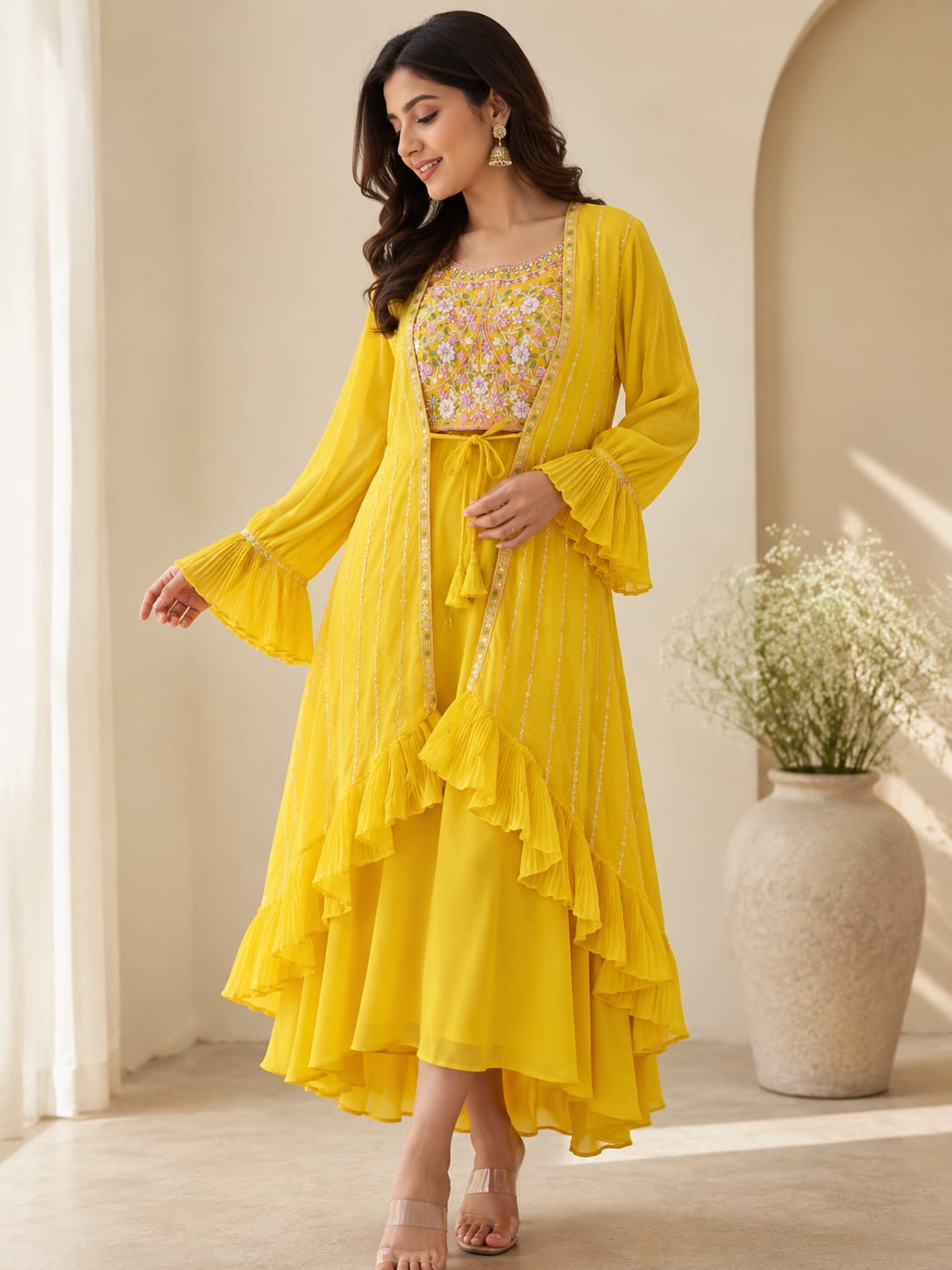 Women's Embroidered Crop Top Skirt Set with Ruffle Jacket – Designer Festive Wear