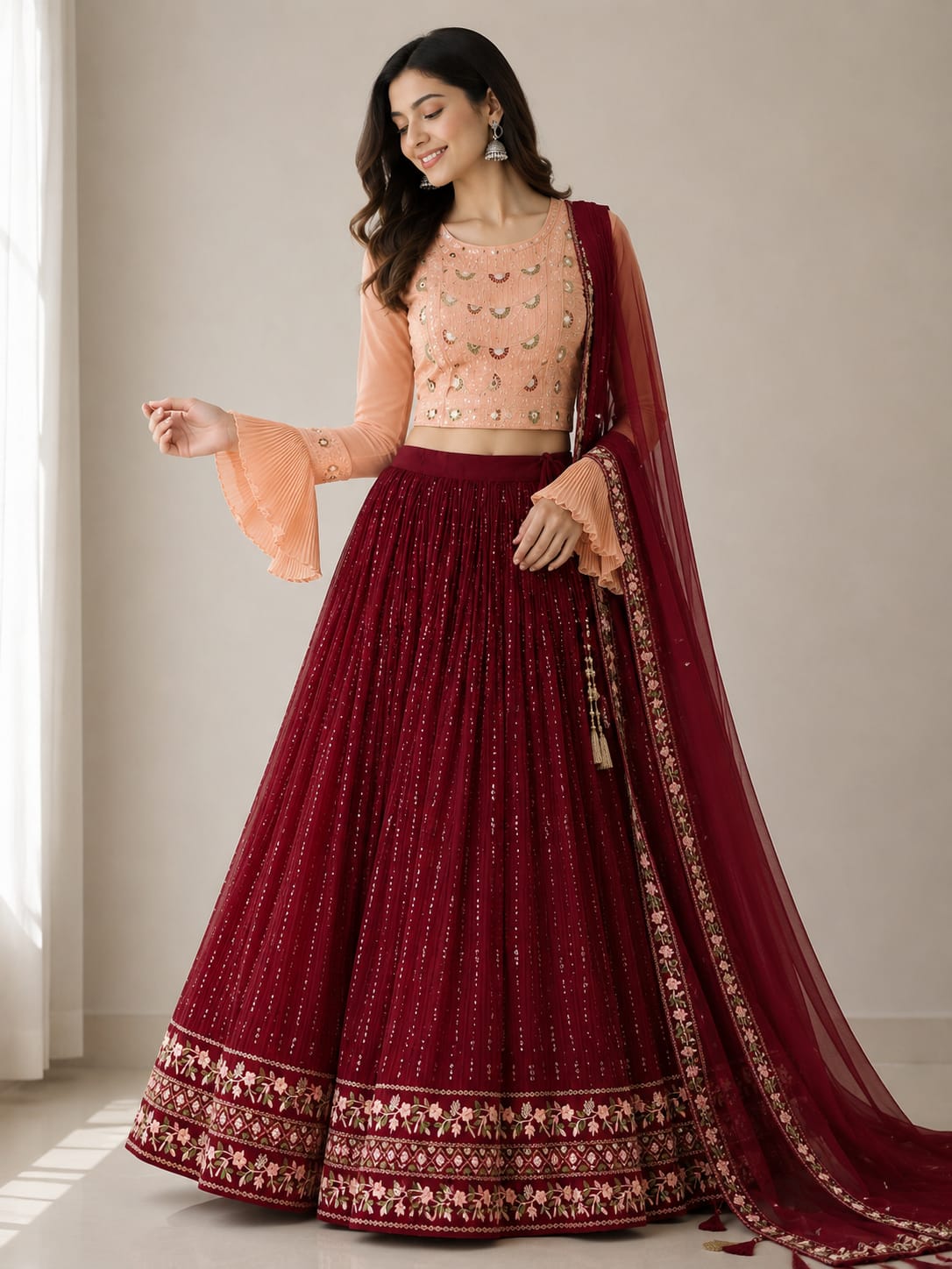 Women's Maroon Embroidered Crop Top Lehenga Set with Designer Dupatta – Premium Festive & Wedding Wear