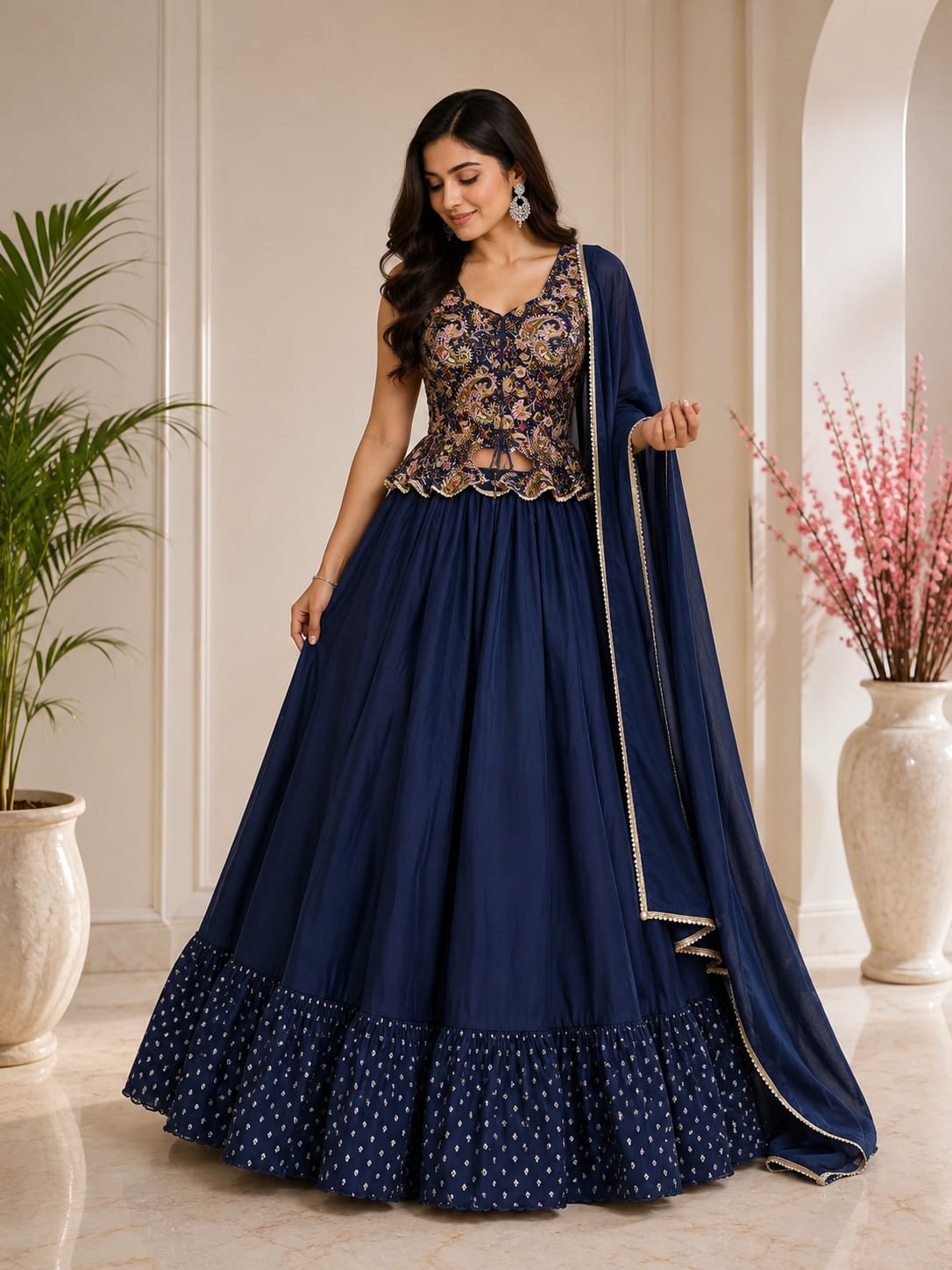 Women's Navy Blue Embroidered Peplum Crop Top Lehenga Set with Dupatta – Premium Festive & Wedding Wear
