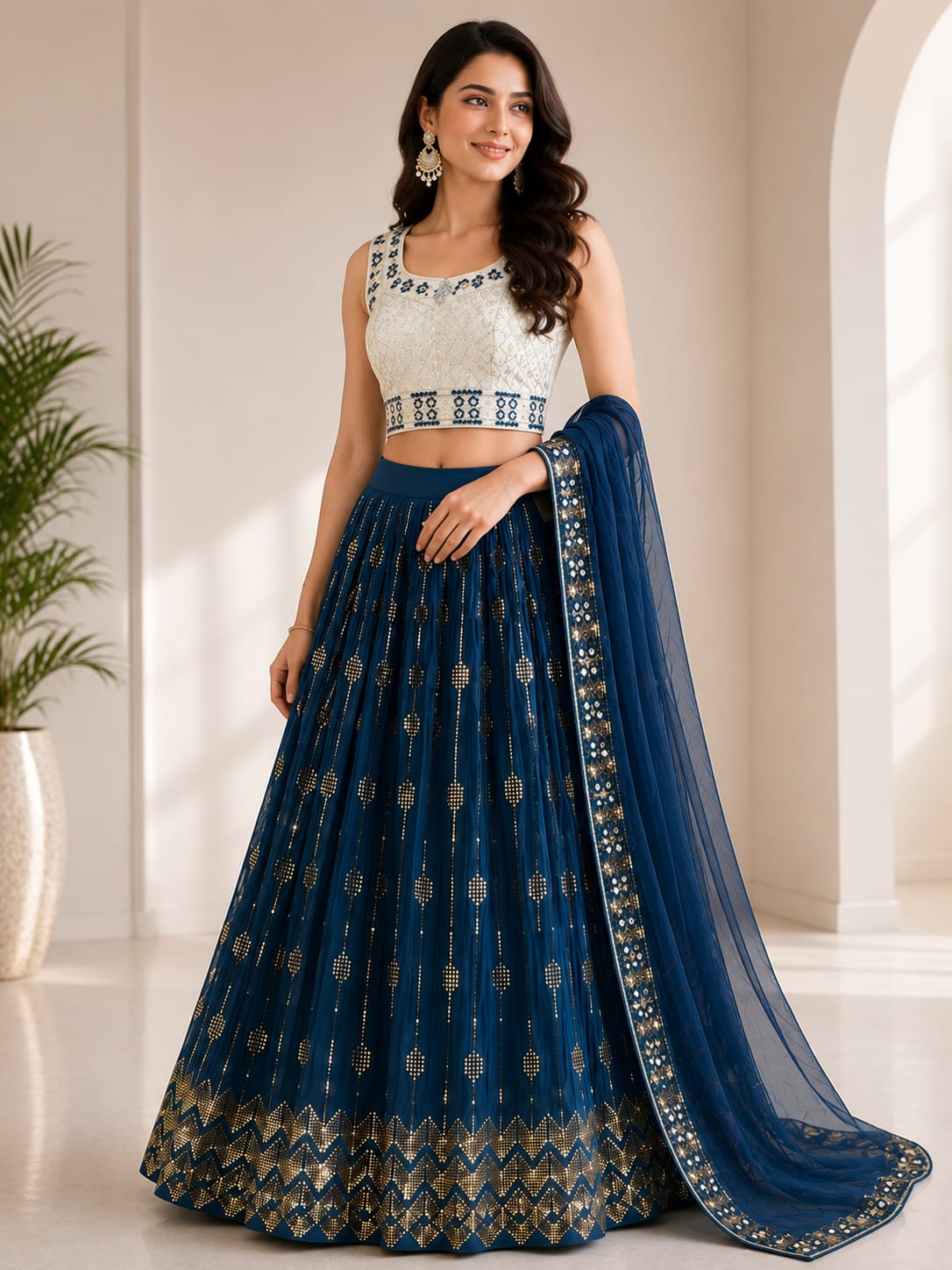 Women's Navy Blue Embroidered Crop Top Lehenga Set with Designer Dupatta – Premium Festive & Wedding Wear