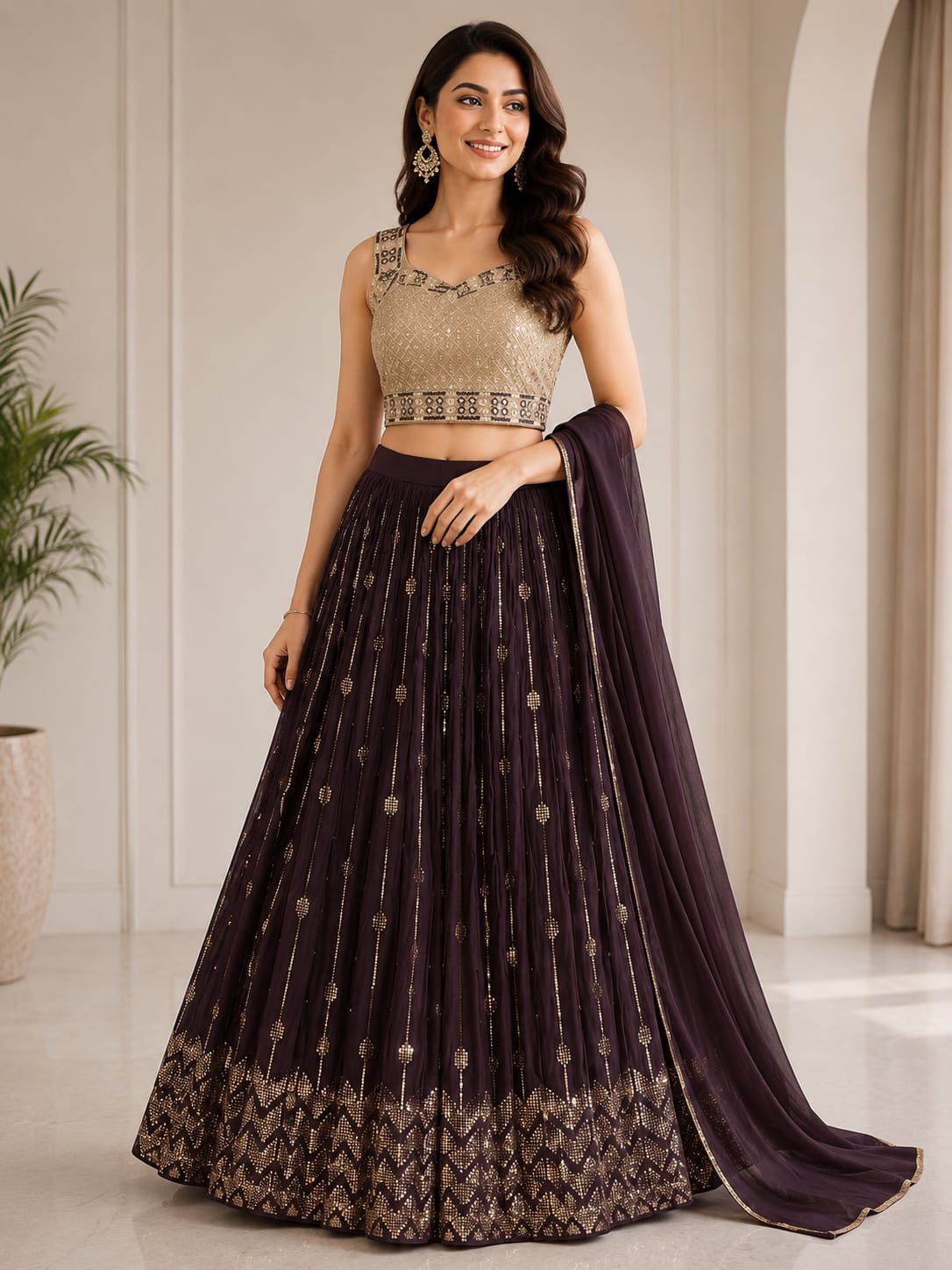 Women's Wine Embroidered Crop Top Lehenga Set with Designer Dupatta – Premium Festive & Wedding Wear
