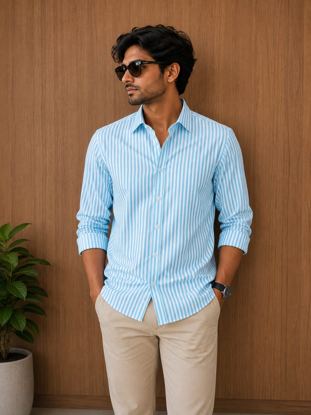 Rare Rabbit Men's Sky Blue Striped Premium Cotton Shirt