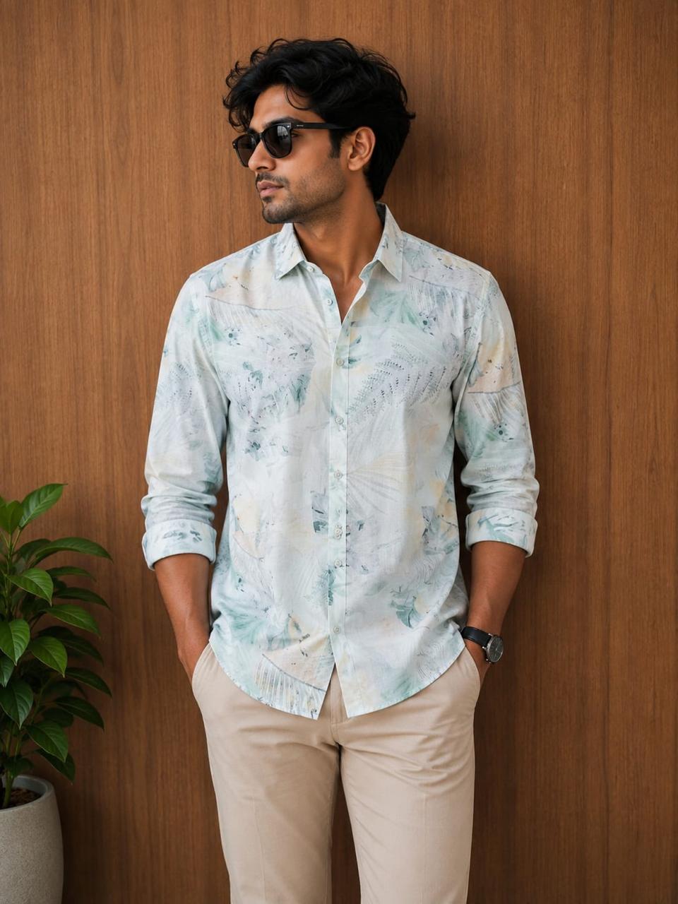 Rare Rabbit Men's Mint Green Printed Premium Cotton Shirt