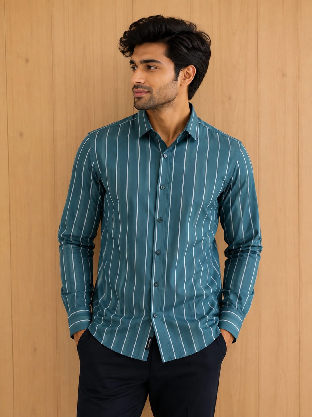 Rare Rabbit Men's Teal Green Striped Premium Cotton Shirt