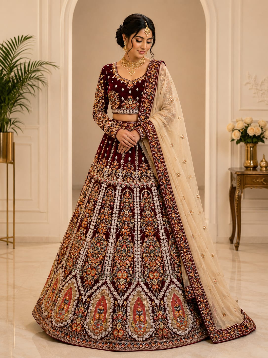 Royal Maroon Zardozi Embroidered Bridal Lehenga with Ivory Dupatta