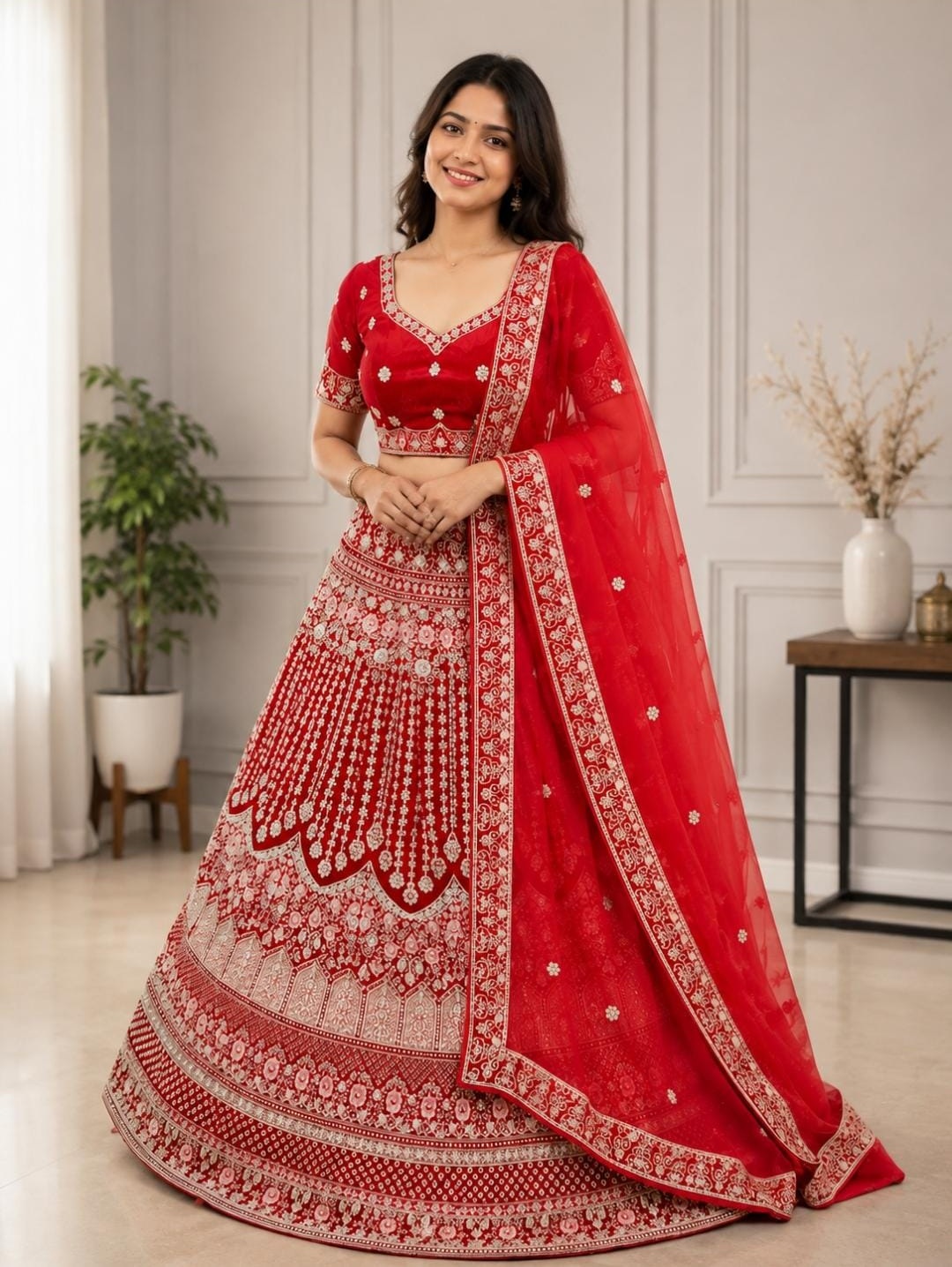 Classic Red Bridal Lehenga with Intricate Ivory Embroidery