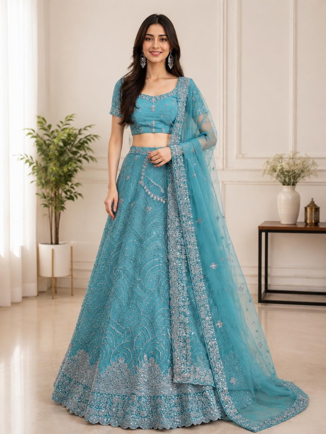 Aqua Blue Silver Embroidered Designer Lehenga with Net Dupatta