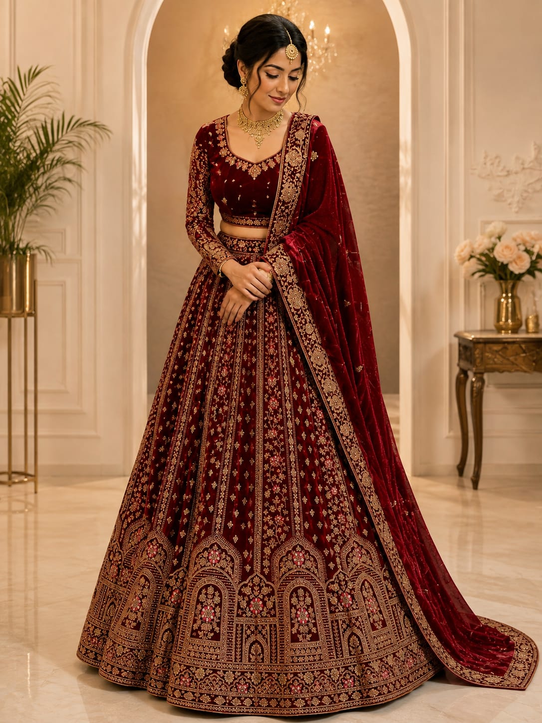 Royal Wine Velvet Bridal Lehenga with Antique Gold Embroidery