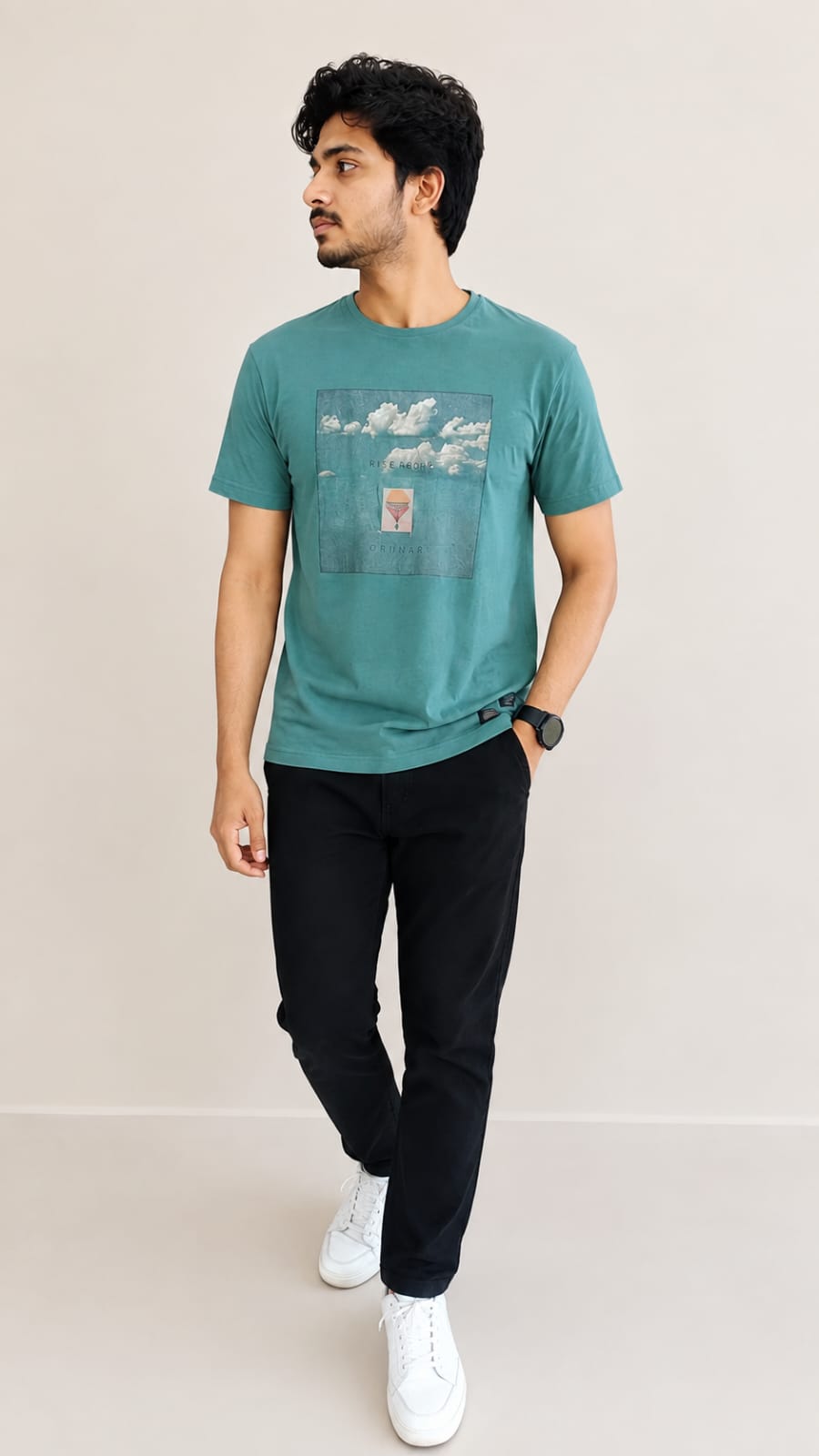 Rare Rabbit Men’s Teal Green Graphic Print Crew-Neck T-Shirt