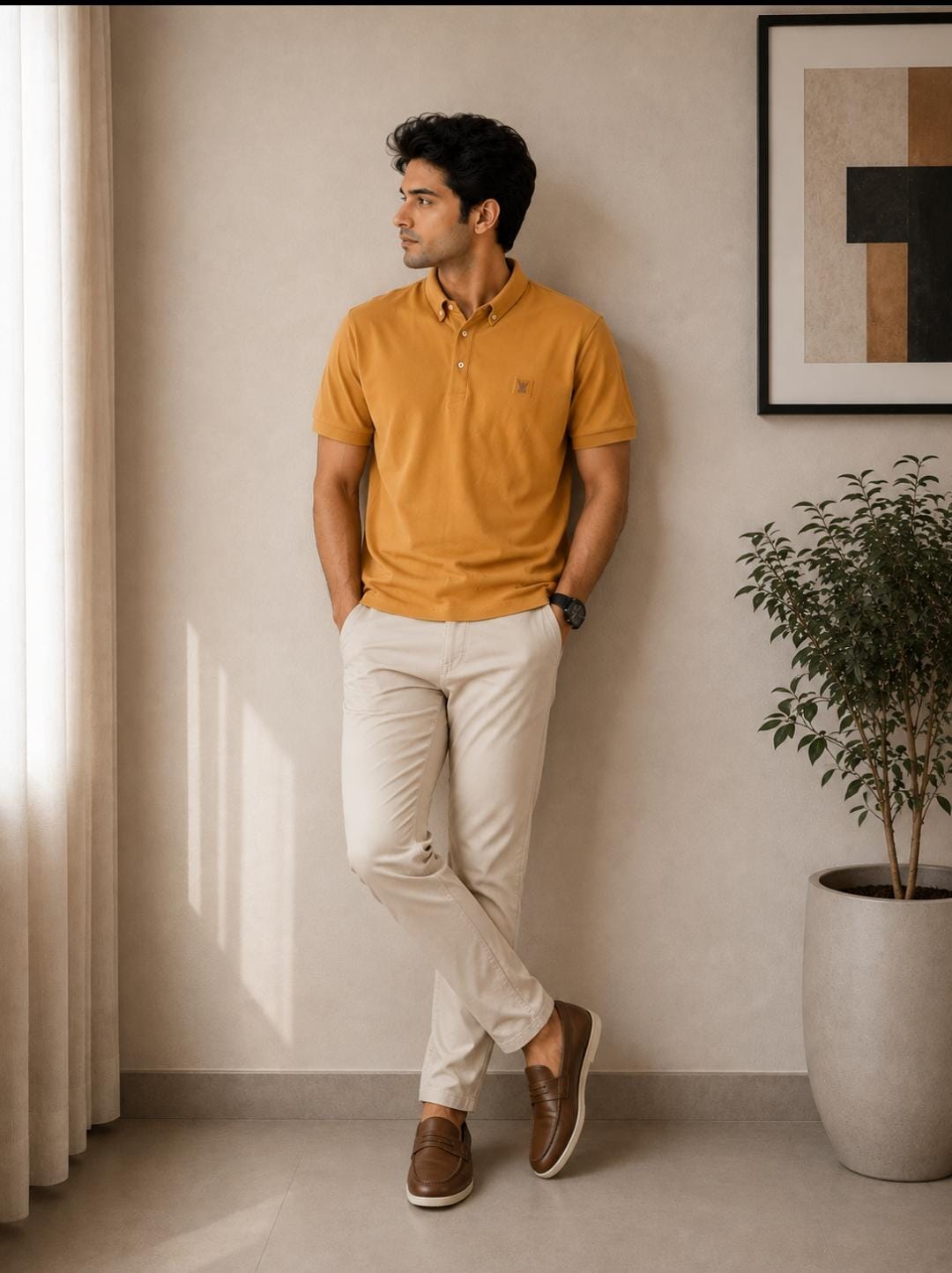 Rare Rabbit Men’s Mustard Yellow Button-Down Collar Polo T-Shirt