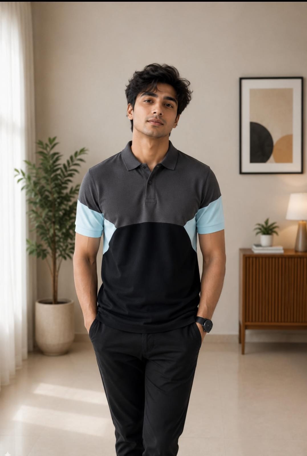 Rare Rabbit Men’s Black, Charcoal Grey & Sky Blue Colour-Block Polo T-Shirt