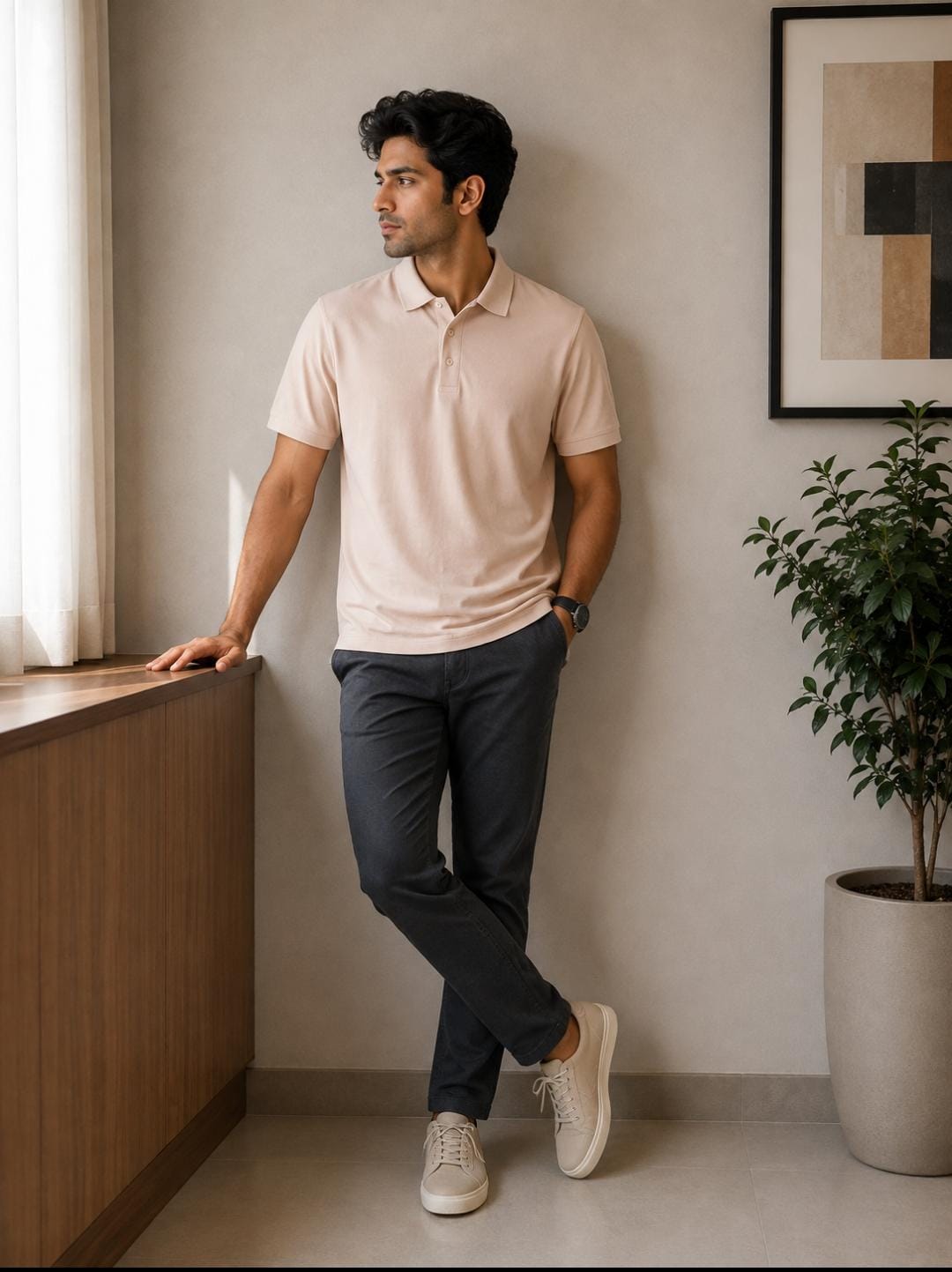 Rare Rabbit Men’s Light Peach Solid Polo T-Shirt