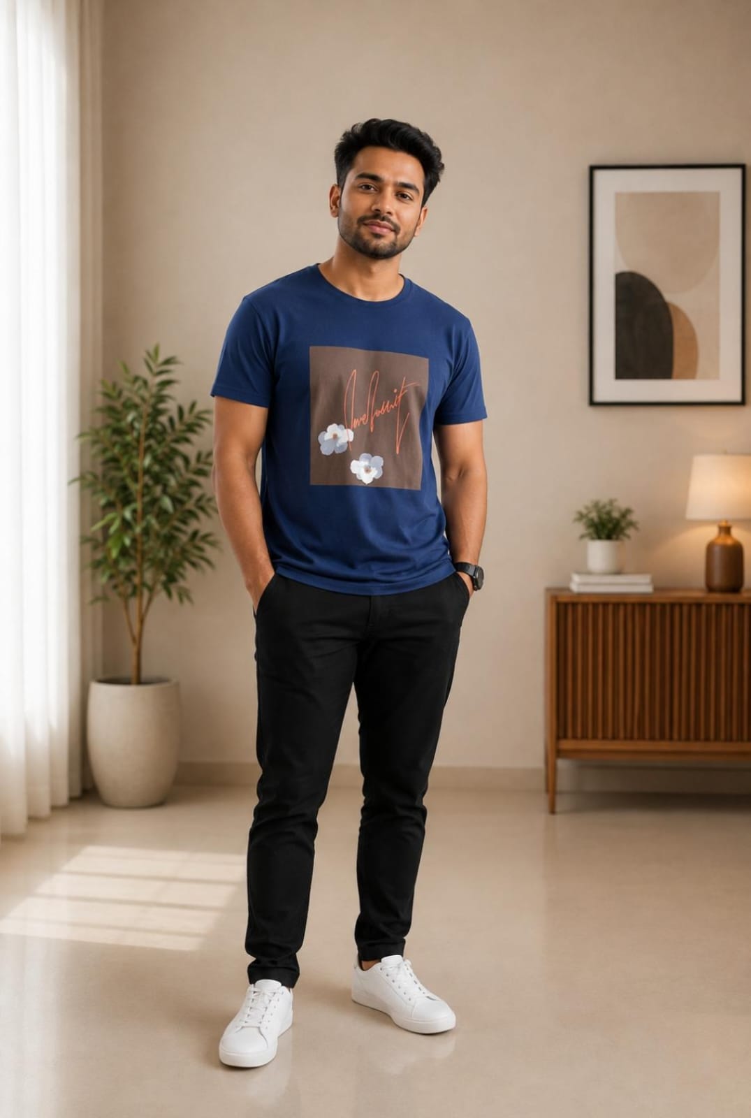 Rare Rabbit Men’s Navy Blue Floral Graphic Print Crew-Neck T-Shirt