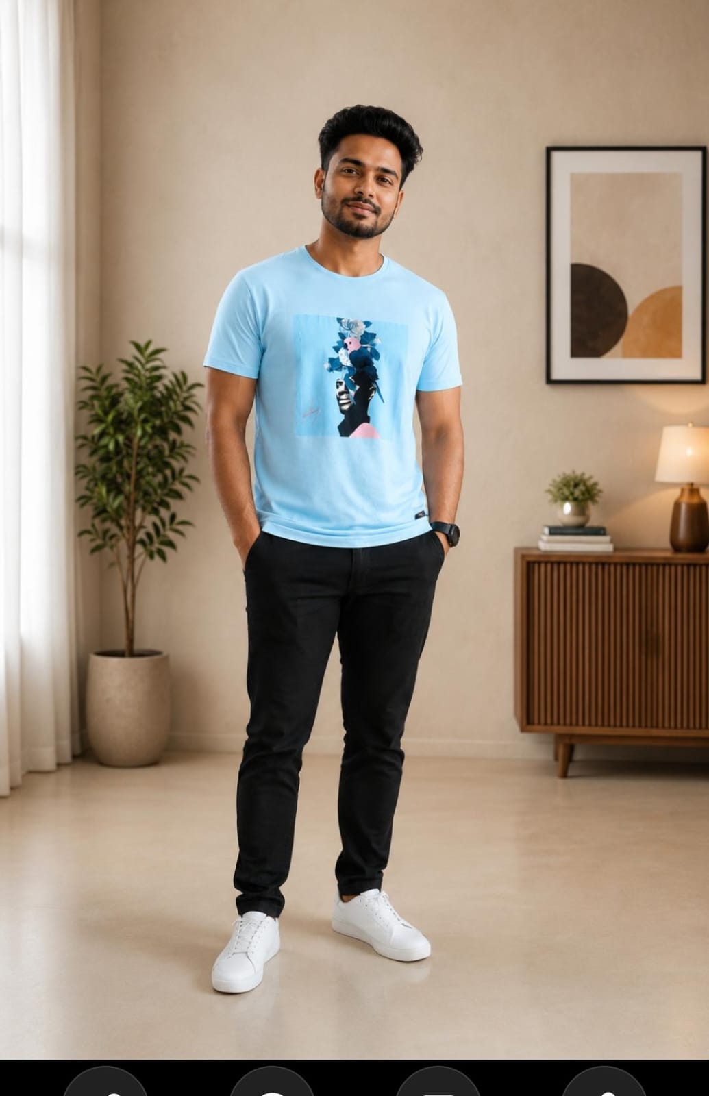 Rare Rabbit Men’s Sky Blue Artistic Graphic Print Crew-Neck T-Shirt