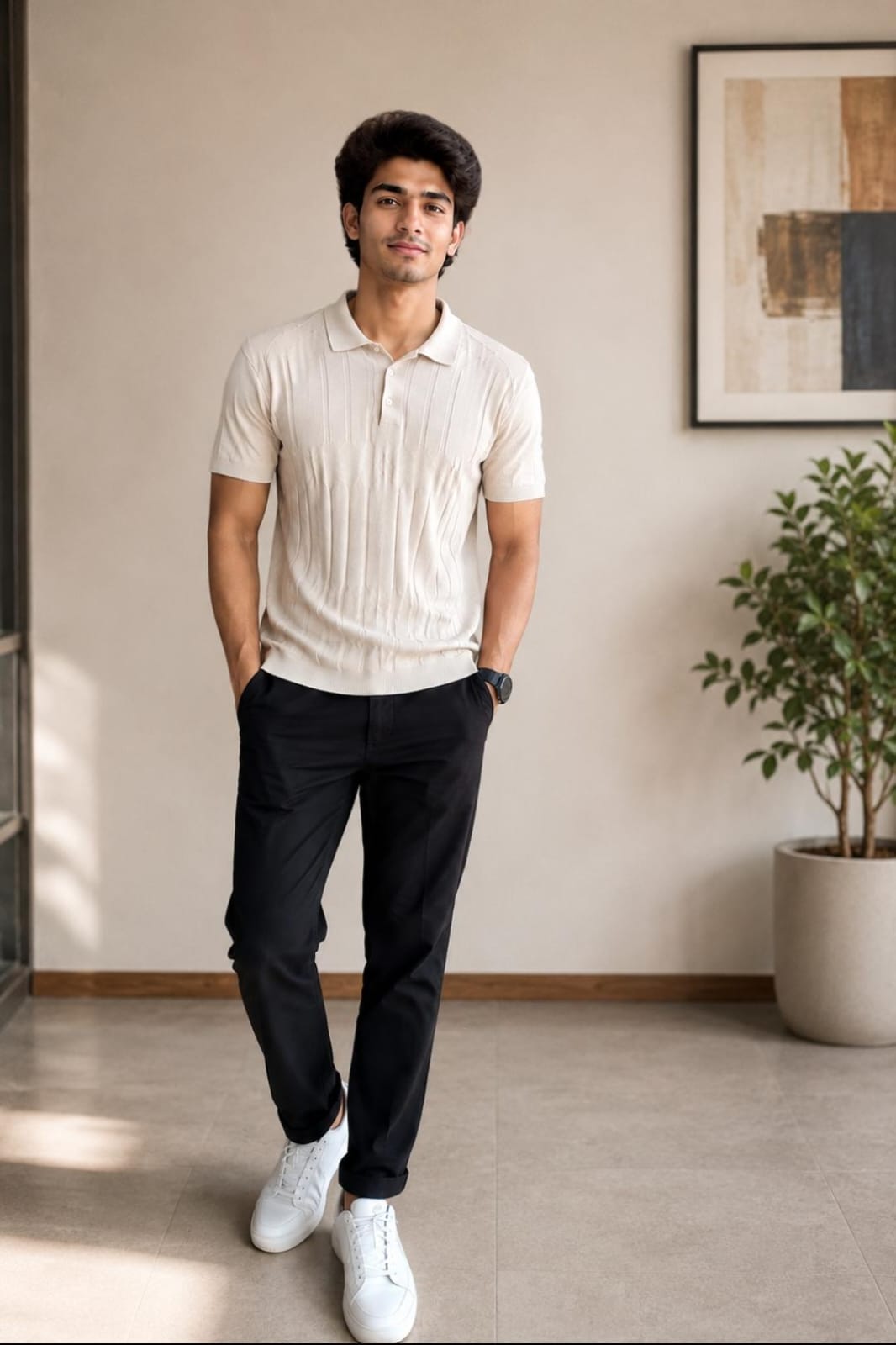 Rare Rabbit Men’s Off-White Textured Knitted Polo T-Shirt