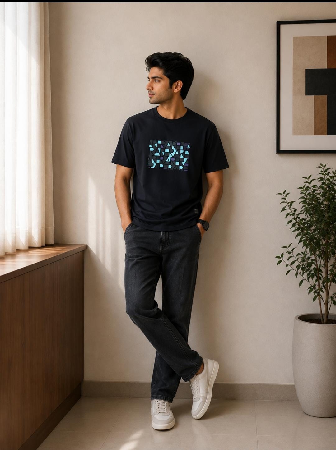 Rare Rabbit Men’s Black Geometric Graphic Print Crew-Neck T-Shirt
