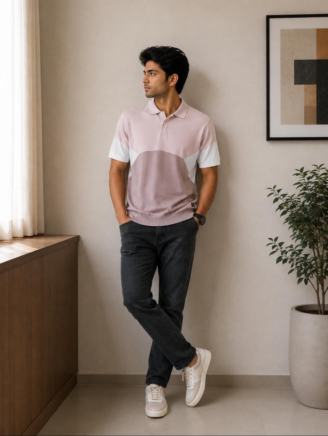 Rare Rabbit Men’s Pink, White & Mauve Colour-Block Knitted Polo T-Shirt