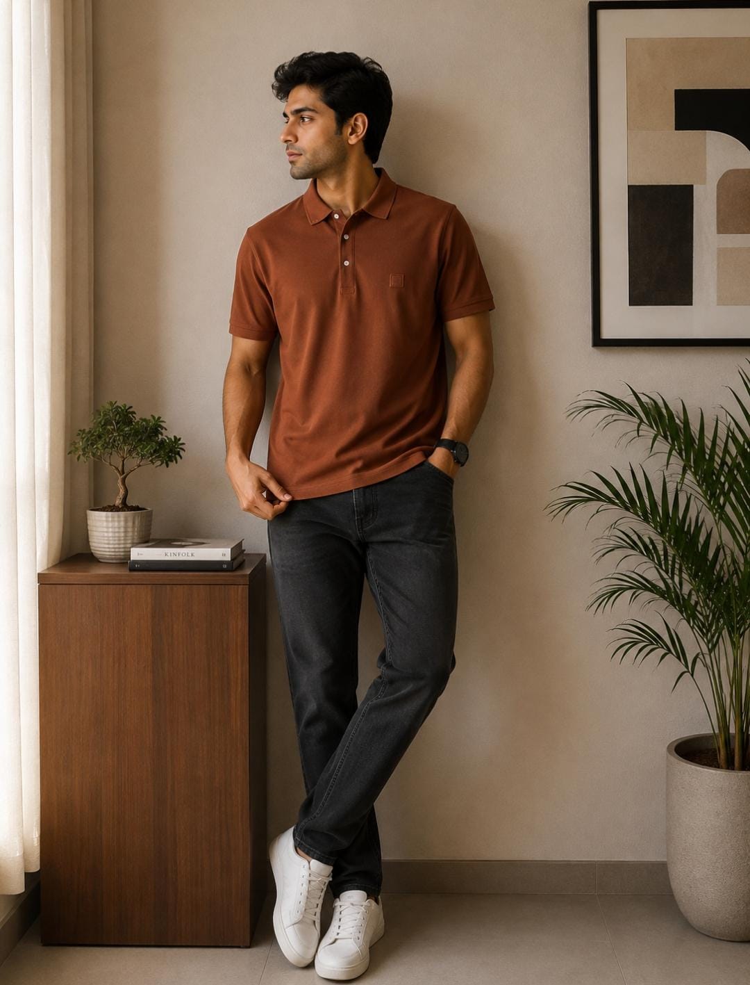 Rare Rabbit Men’s Rust Brown Solid Polo T-Shirt